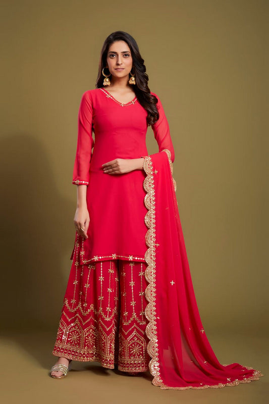 Red Pakistani Georgette Plazo Suit For Indian Festivals & Weddings - Sequence Embroidery Work, Zari Work