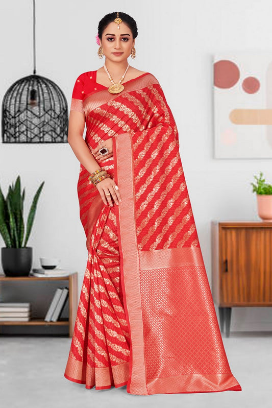 Red Color Silk Sarees with Blouse for Wedding | Indian Festival Sari - Woven
