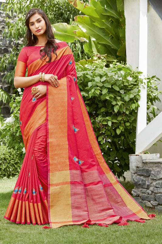 Red Handloom Silk Sarees with Blouse for Weddings | Indian Sari for Festival - Woven