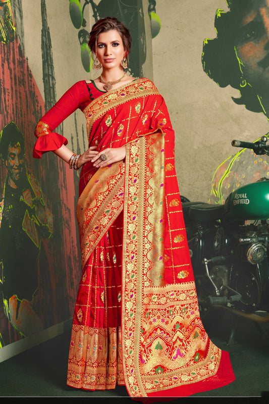 Red Jacquard Silk Sarees with Blouse for Weddings | Indian Sari for Festival - Woven