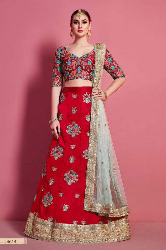 Red Pakistani Art Silk Lehenga Choli For Indian Festivals & Weddings - Embroidery Work,