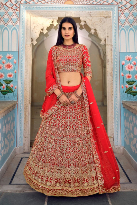 Red Pakistani Georgette Lehenga Choli For Indian Festival & Weddings - , Zari Work
