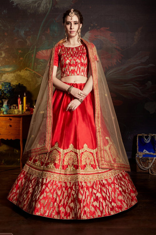 Red Pakistani Satin Lehenga Choli For Indian Festival & Weddings - Glitter Embroidery, Glitter Sequence Work, Stone Work, Zari Work, Dori Work, Glitter Work