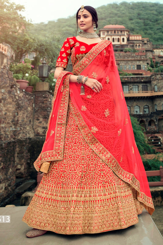 Red Pakistani Satin Lehenga Choli For Indian Festival & Weddings - Thread Embroidery Work, Glitter Embroidery, Stone Work, Zari Work, Glitter Work