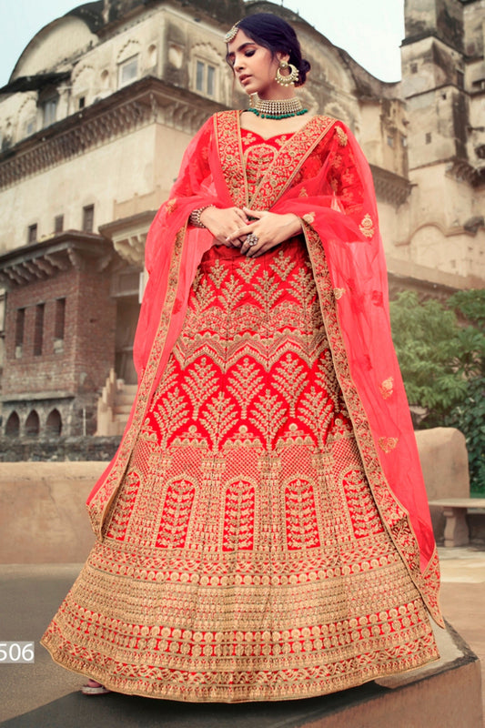 Red Pakistani Satin Lehenga Choli For Indian Festival & Weddings - Thread Embroidery Work, Glitter Embroidery, Stone Work, Zari Work, Glitter Work