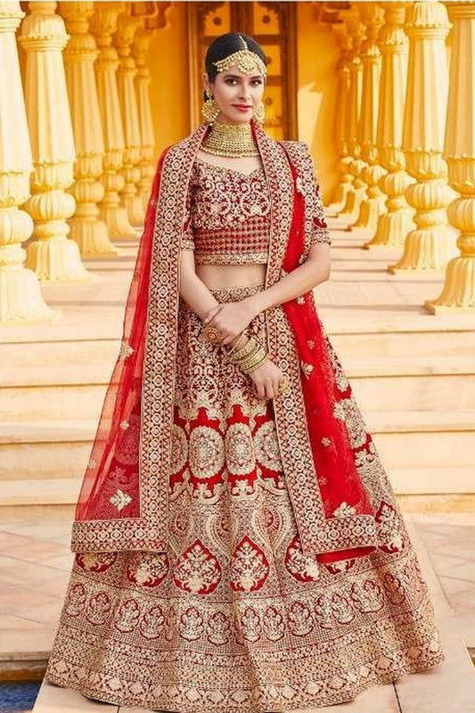 Red Pakistani Velvet Lehenga Choli For Indian Festivals & Weddings - Embroidery Work, Handwork Work