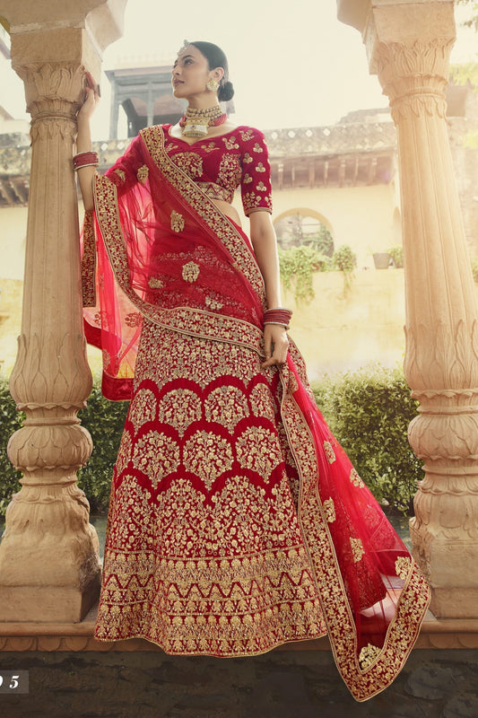 Red Pakistani Velvet Lehenga Choli For Indian Festivals & Weddings - , Stone Work, Zari Work, Dori Work