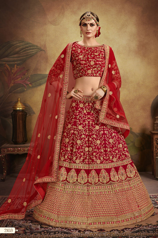 Red Pakistani Velvet Lehenga Choli For Indian Festivals & Weddings - Thread Embroidery Work