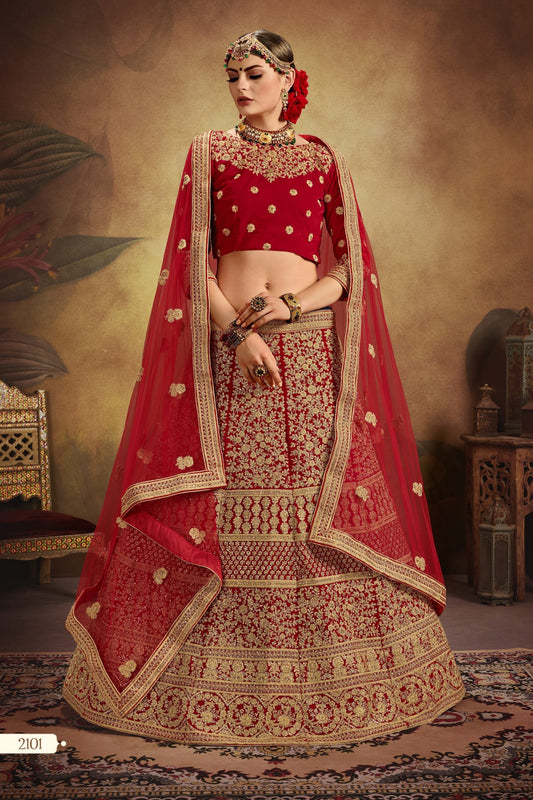 Red Pakistani Velvet Lehenga Choli For Indian Festivals & Weddings - Thread Embroidery Work,