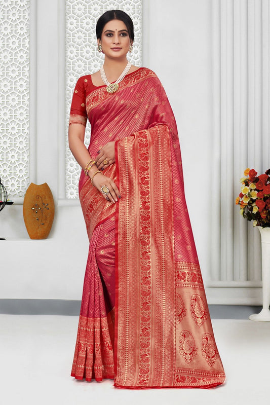 Red Silk Sarees with Blouse for Wedding | Indian Festival Sari - Woven