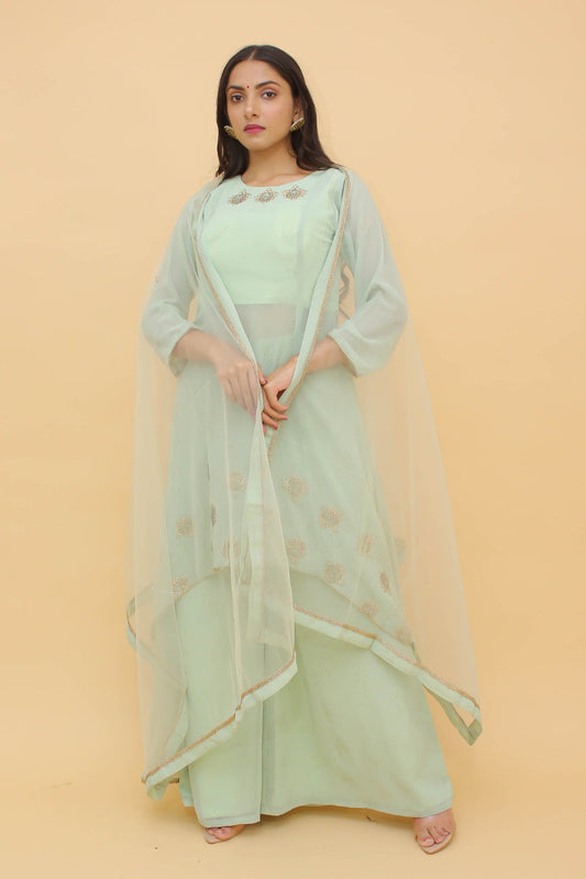 Sea Green Pakistani Georgette Plazo Suit For Indian Festival & Weddings - Rubber Print Work, Swarovski Work
