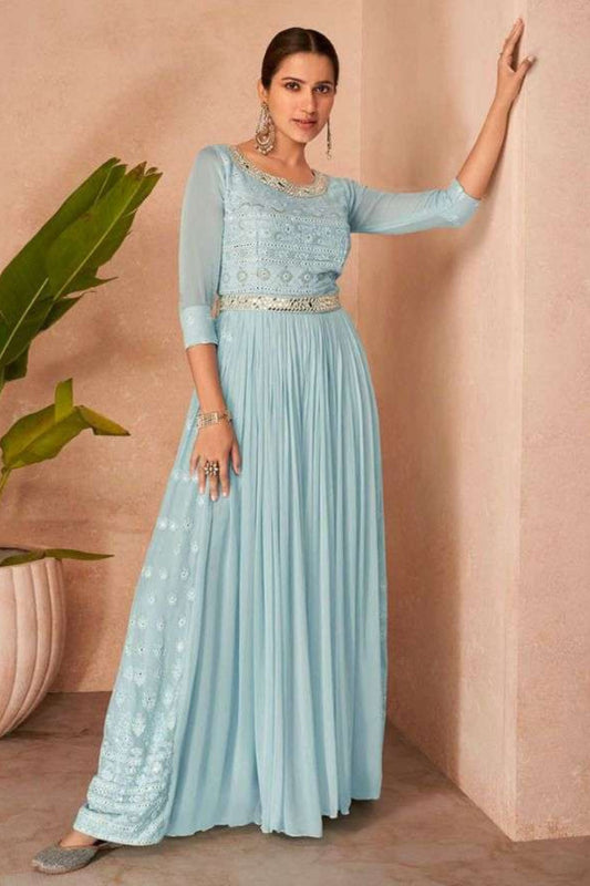 Sky Blue Pakistani Georgette Anarkali Gown For Indian Festivals & Weddings - Thread Embroidery Work,