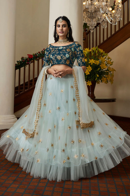 Sky Blue Pakistani Silk Ruffle Lehenga Choli For Indian Festivals & Weddings - Sequence Embroidery Work, Thread Embroidery Work,