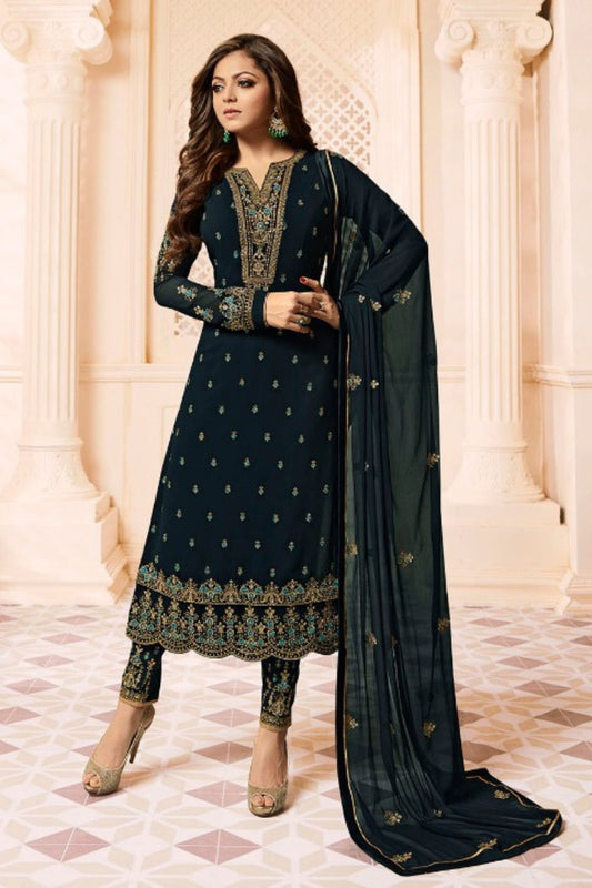 Teal Georgette Embroidery Work Pakistani Suits with Pants For Festival & Wedding