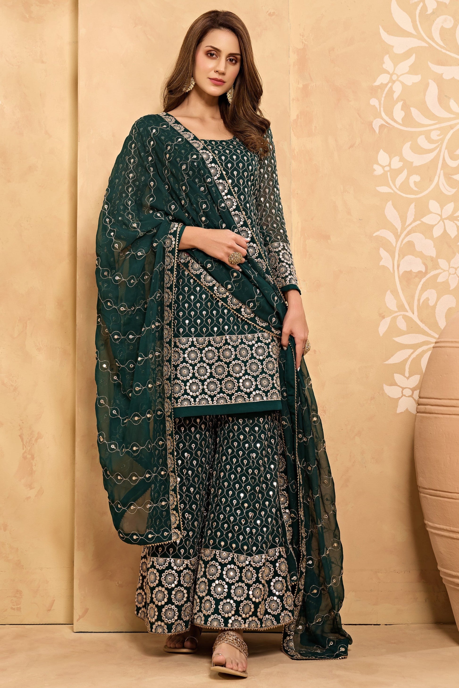 Teal Pakistani Georgette Sharara For Indian Festivals & Weddings - Sequence Embroidery Work, Zari Work