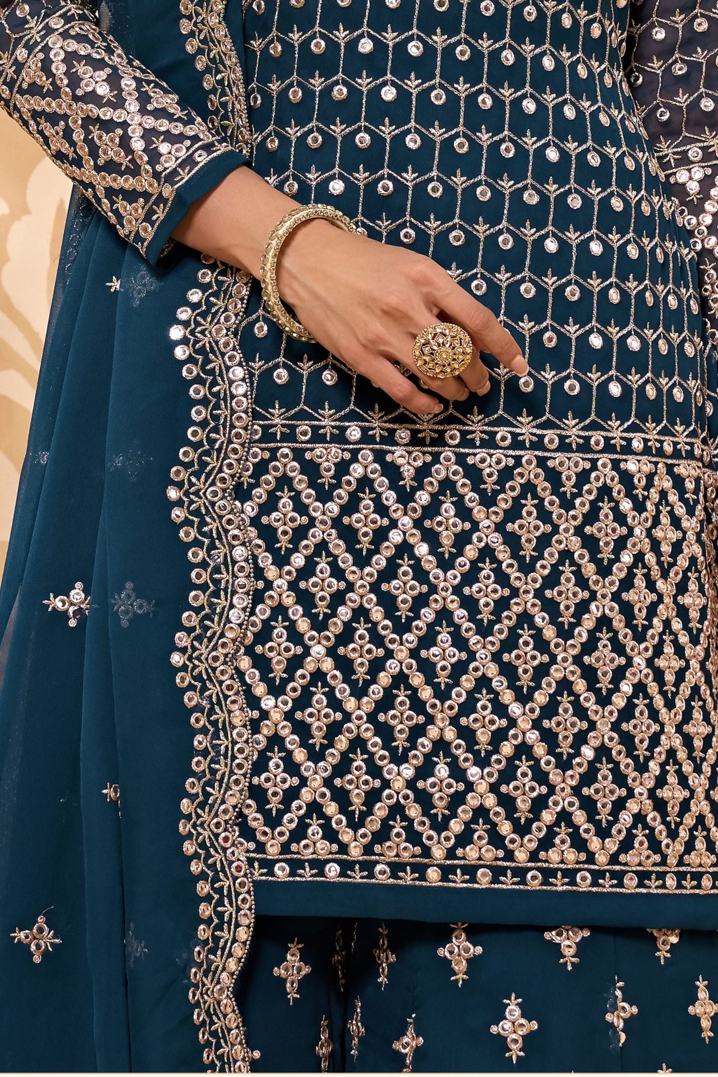 Teal Pakistani Georgette Sharara For Indian Festivals & Weddings - Sequence Embroidery Work, Zari Work