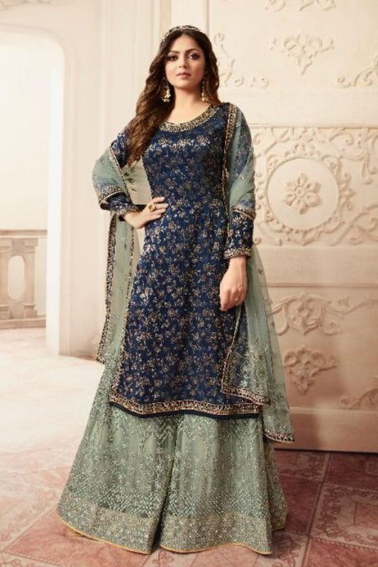 Royal Blue Pakistani Satin Georgette Plazo For Wedding & Festival - Embroidery Work