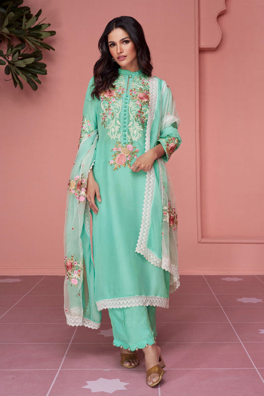 Turquoise Pakistani Organza Salwar Kameez For Indian Festivals & Weddings - Thread Embroidery Work,