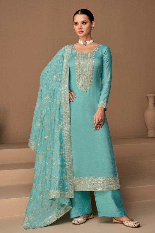 Turquoise Pakistani Silk Salwar Kameez For Indian Festivals & Weddings - Thread Embroidery Work,