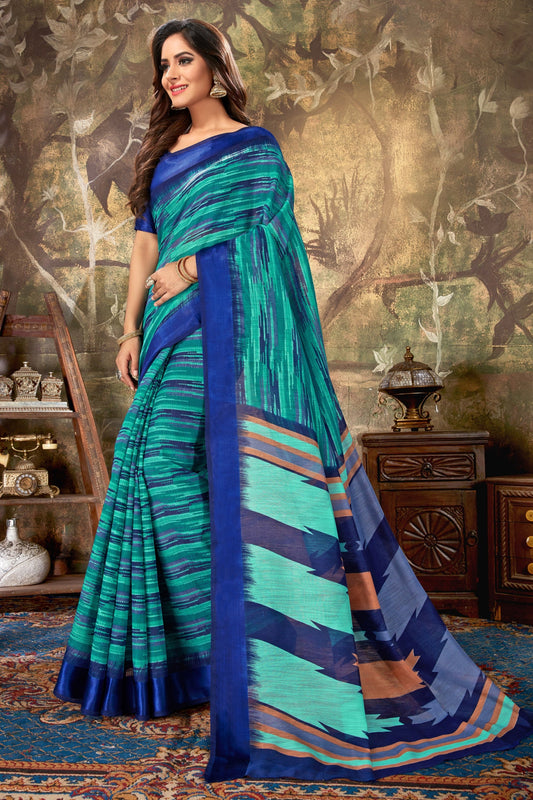 Turquoise Cotton Sarees with Blouse for Weddings | Indian Sari for Festival - Woven