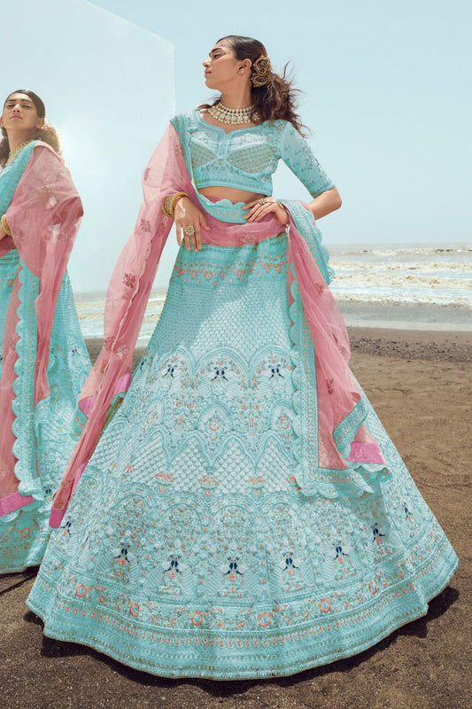 Turquoise Indian Georgette Lehenga Choli For Wedding & Festival - Embroidery Work