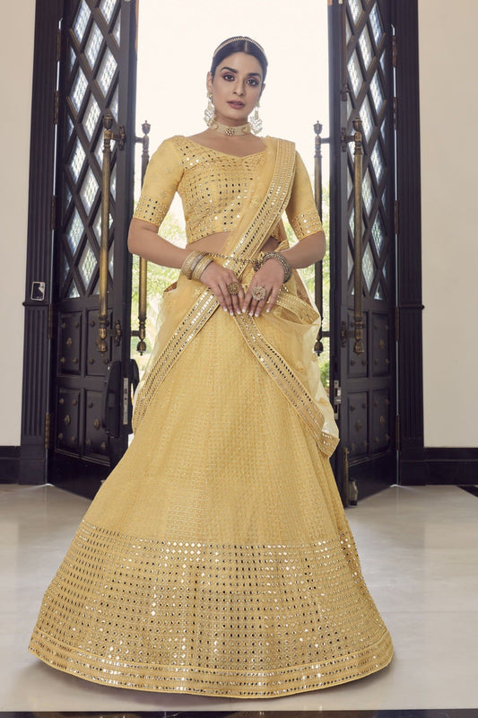 Yellow Pakistani Georgette Lehenga Choli For Indian Festivals & Weddings - Sequence Embroidery Work, Thread Embroidery Work, Foil Mirror Work, Mirror Work