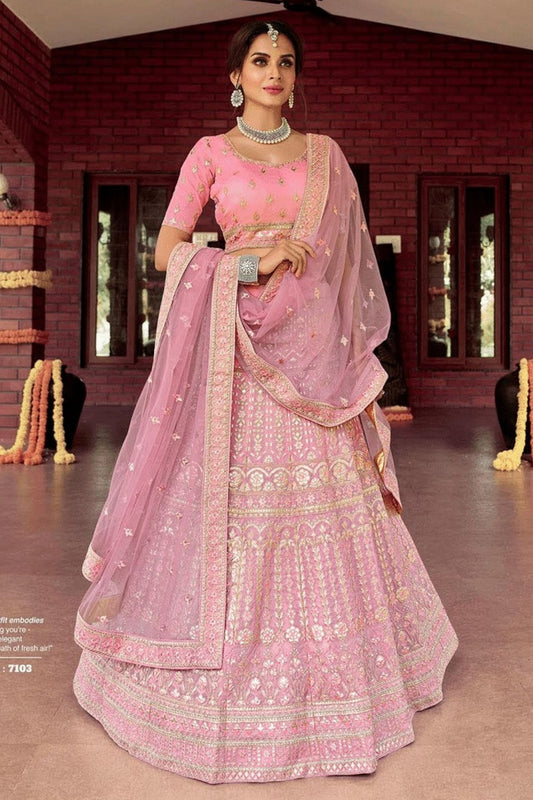Pink Pakistani Organza Lehenga Choli For Indian Festivals & Weddings - Resham Embroidery Work, Zari Work, Zarkan Work