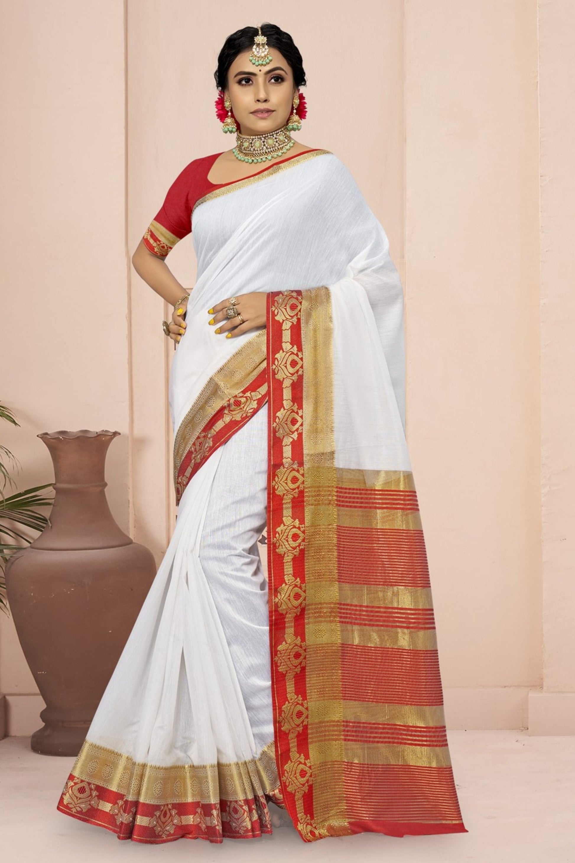 White Cotton Sarees with Blouse for Weddings | Bengali Sari for Festival - Woven