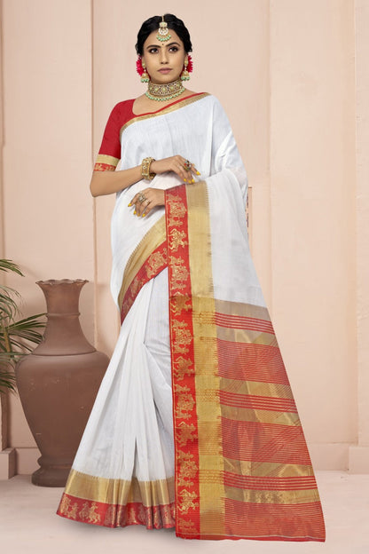 White Cotton Sarees with Blouse for Weddings | Bengali Sari for Festival - Woven