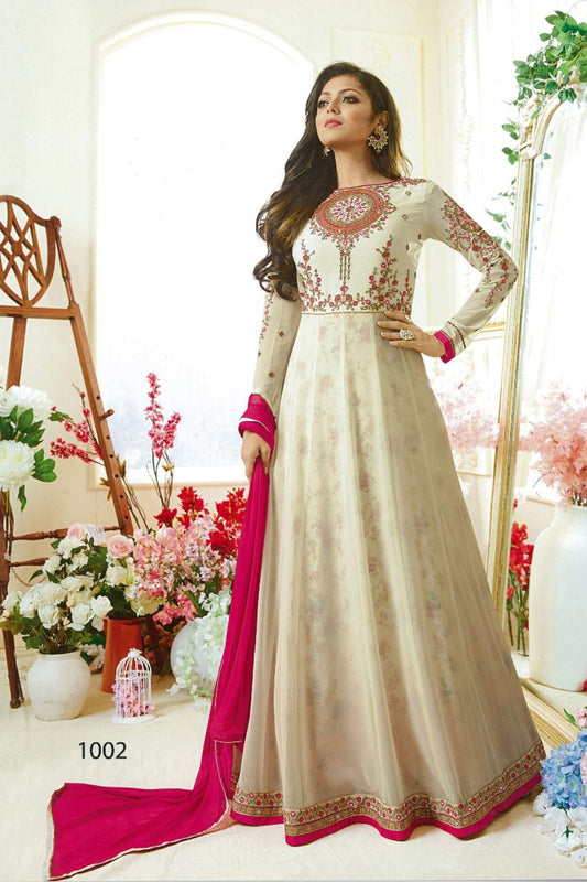 White Pakistani Georgette Anarkali Gown For Wedding & Festival - Embroidery Work