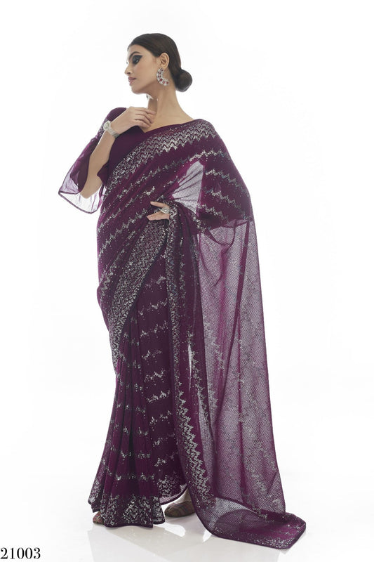Wine Pakistani Georgette Saree For Indian Festival & Weddings - Sequence Embroidery Work, Thread Embroidery Work,
