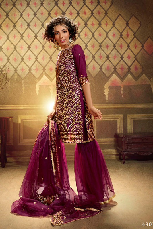 Wine Pakistani Net Sharara For Festivals & Indian Weddings - Sequence Embroidery Work,