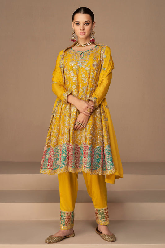 Yellow Pakistani Chinon Salwar Kameez For Indian Festivals & Weddings - Thread Embroidery Work,