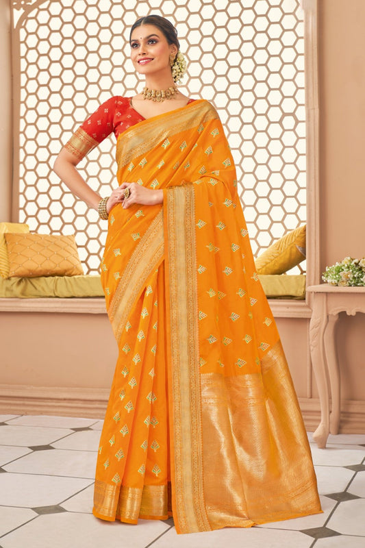 Yellow Cotton Sarees with Blouse for Weddings | Indian Sari for Festival - Woven
