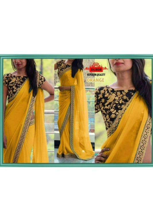 Yellow Georgette Plain Saree with Heavy Embroidery Blouse | Indian Festival Sari - Embroidery Work