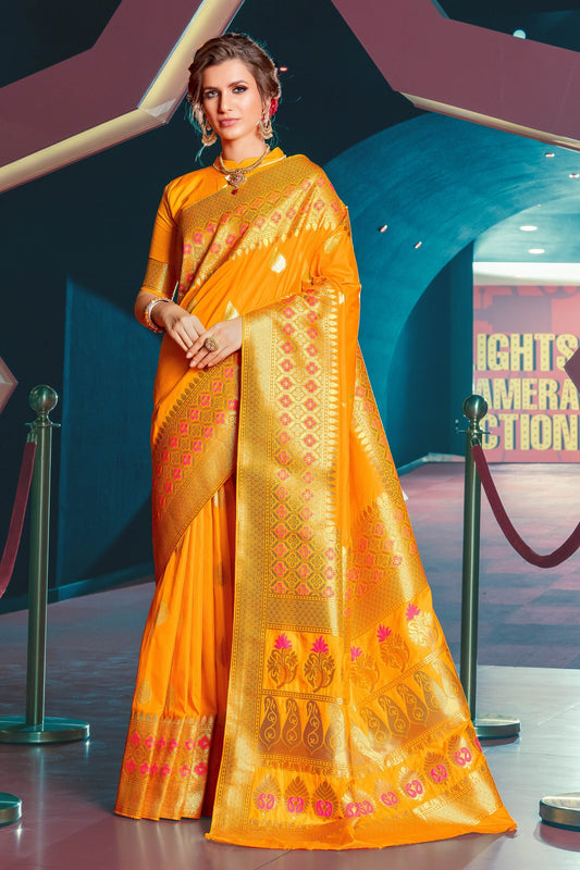 Yellow Jacquard Silk Sarees with Blouse for Weddings | Indian Sari for Festival - Woven