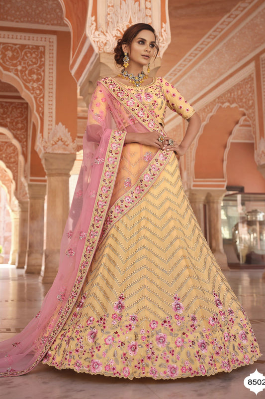 Yellow Pakistani Georgette Lehenga Choli For Indian Festivals & Weddings - Thread Embroidery Work, Zari Work, Zarkan Work