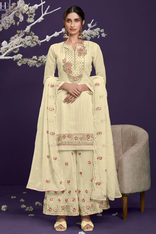 Yellow Pakistani Georgette Sharara For Indian Festivals & Weddings - Thread Embroidery Work, Zari Work, Khatli Work, Sequence Embroidery Work