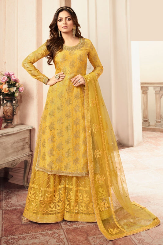 Yellow Pakistani Jacquard Plazo For Wedding & Festival - Embroidery Work