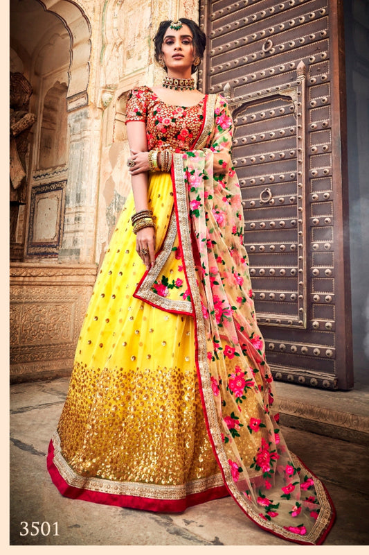 Yellow Pakistani Net Lehenga Choli For Indian Festival & Weddings - Sequence Embroidery Work, Thread Embroidery Work, Zari Work
