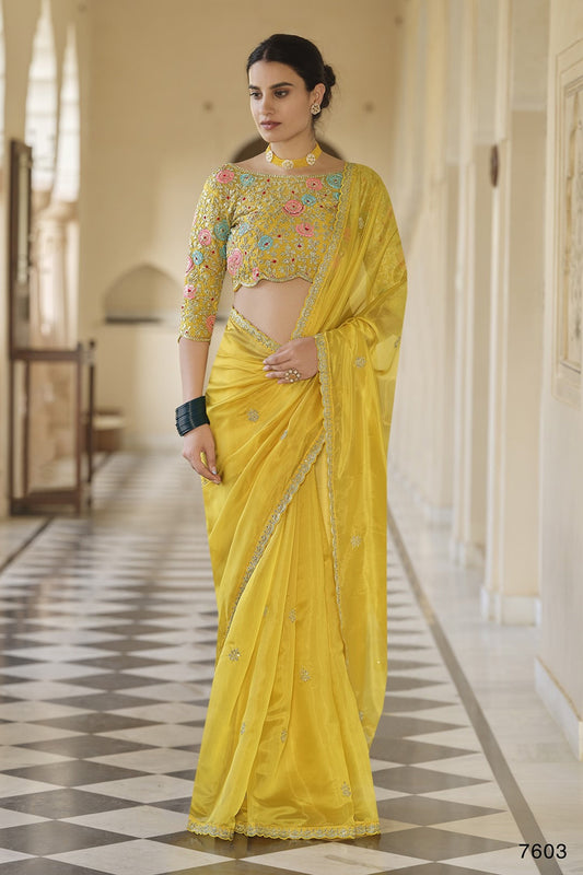 Yellow Pakistani Net Saree For Indian Festival & Weddings - Sequence Embroidery Work, Thread Embroidery Work, Dori Work