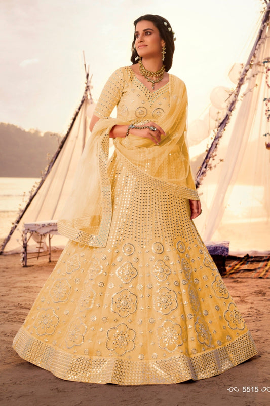 Yellow Pakistani Organza Lehenga Choli For Indian Festival & Weddings - Thread Embroidery Work, Foil Mirror Work,
