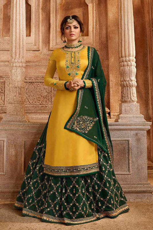 Yellow Pakistani Satin Georgette Salwar Kameez For Wedding & Festival - Embroidery Work