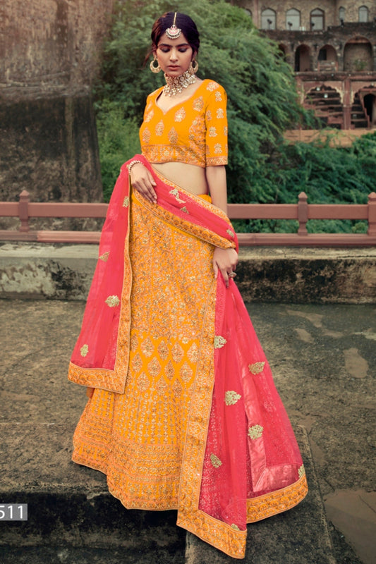Yellow Pakistani Satin Lehenga Choli For Indian Festival & Weddings - Thread Embroidery Work, Glitter Embroidery, Stone Work, Zari Work, Glitter Work