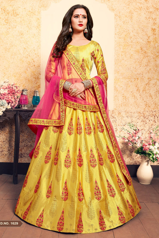 Yellow Pakistani Satin Lehenga Choli For Indian Festival & Weddings - Thread Embroidery Work, Swarovski Work