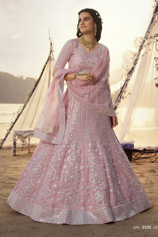 Baby Pink Pakistani Organza Lehenga Choli For Indian Festivals & Weddings - Thread Embroidery Work, Foil Mirror Work, Mirror Work
