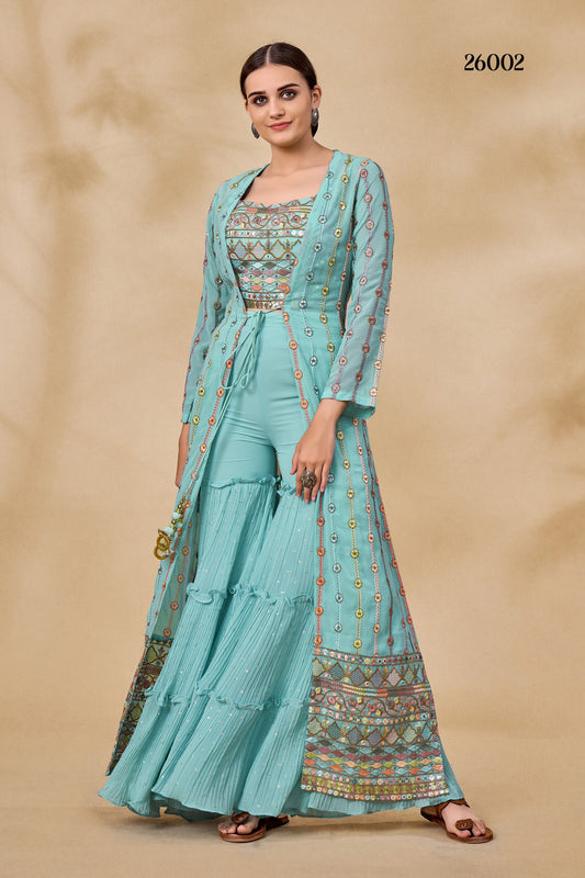 Sky Blue Pakistani Georgette Plazo For Indian Festivals & Weddings - Sequence Embroidery Work, Resham Embroidery Work, Mirror Work, Zari Work