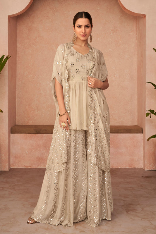 Cream Pakistani Georgette Plazo For Indian Festivals & Weddings - Thread Embroidery Work,