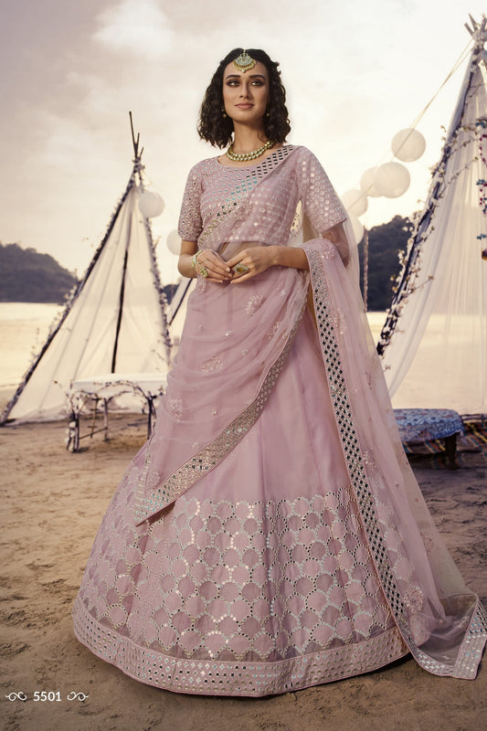 Baby Pink Pakistani Organza Lehenga Choli For Indian Festivals & Weddings - Thread Embroidery Work, Foil Mirror Work, Cut-Work Embroidery, Mirror Work