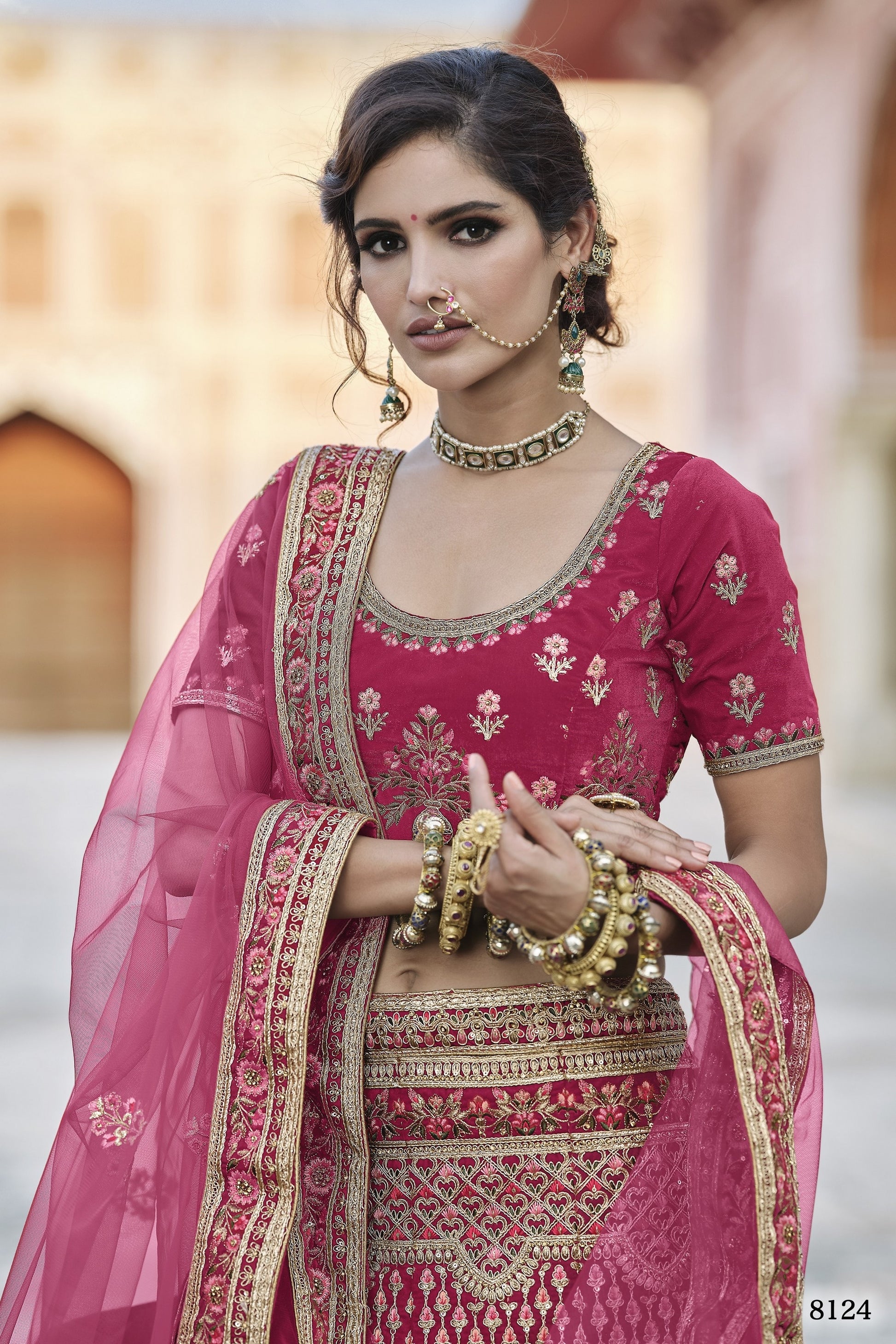 Pink Pakistani Velvet Lehenga Choli For Indian Festivals & Weddings - Thread Embroidery Work,
